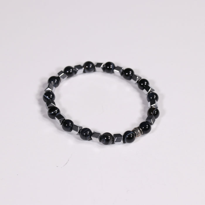 Black Stripe Agate & Hematite Bracelet, Silver Color, Dyed, 8 mm,  Mix Pack, 5 Pieces in a Pack#404