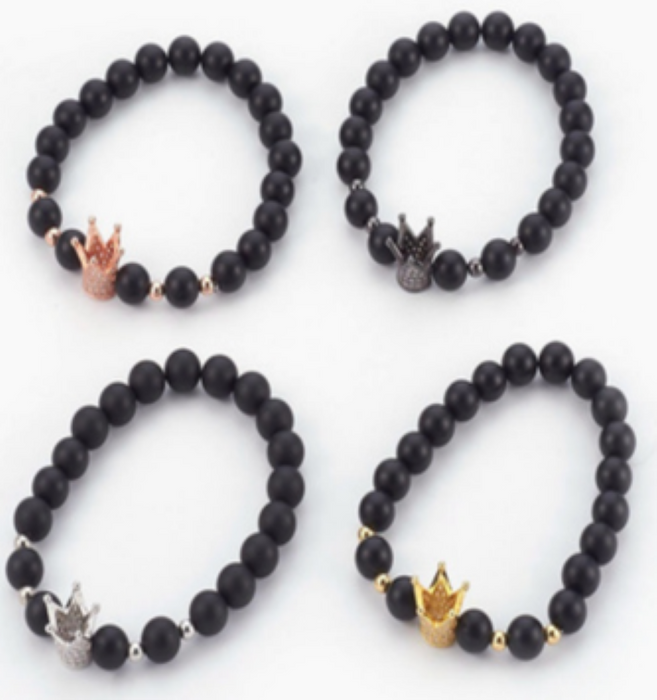 Black Onyx Braclet, with Crown Alloy, Mix Color Alloy,8 mm, 5 Pieces in a Pack #453