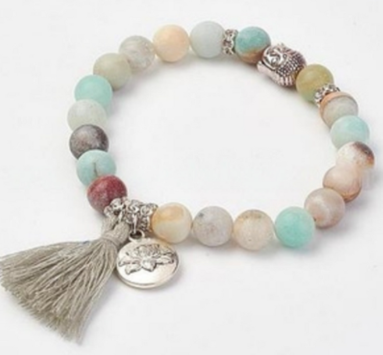 Amazonite Bracelet, with Tassel,Lotus Charm and Buddha Head Alloy, Silver Color, 8 mm, 5 Pieces in a Pack #554