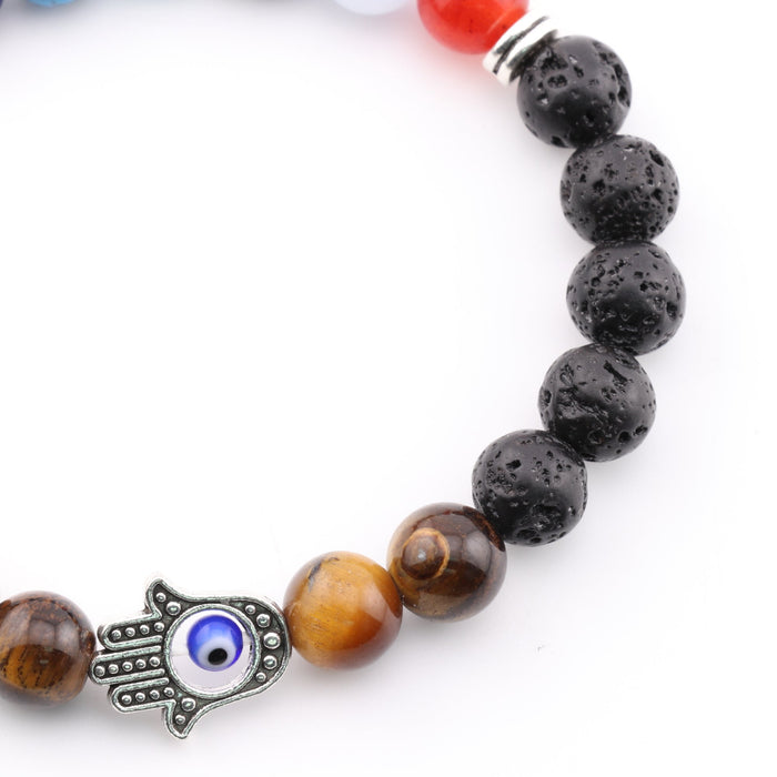 Lava Stone & Chakra Stones Bracelet, with Hamsa Hand Alloy, with Evil Eye, Silver Color, 8mm, 5 Pieces in a Pack #512