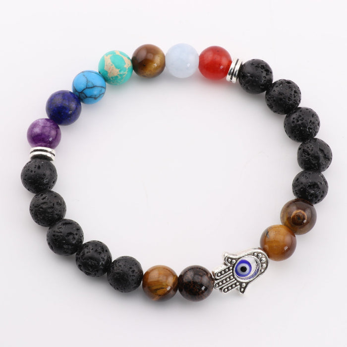 Lava Stone & Chakra Stones Bracelet, with Hamsa Hand Alloy, with Evil Eye, Silver Color, 8mm, 5 Pieces in a Pack #512