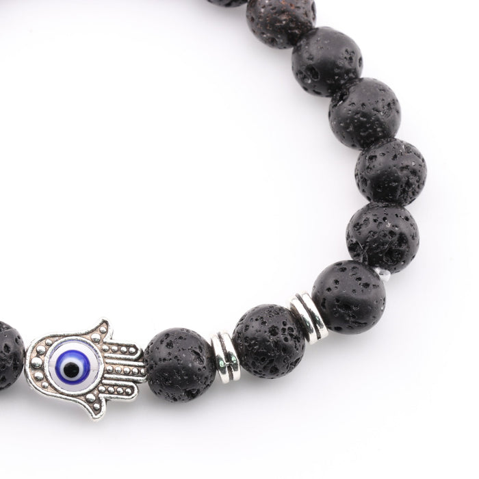 Lava Stone Bracelet, with Hamsa Hand Alloy, with Evil Eye, Silver Color, 8mm, 5 Pieces in a Pack