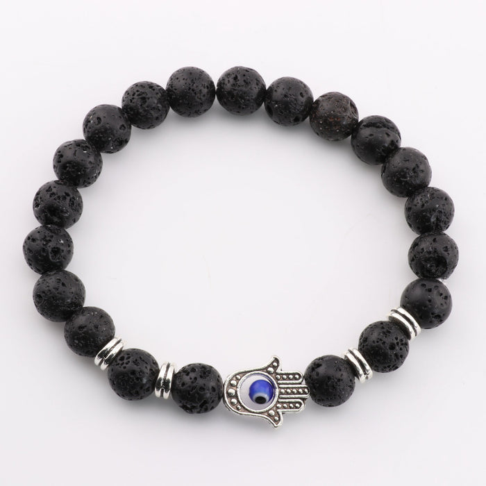 Lava Stone Bracelet, with Hamsa Hand Alloy, with Evil Eye, Silver Color, 8mm, 5 Pieces in a Pack
