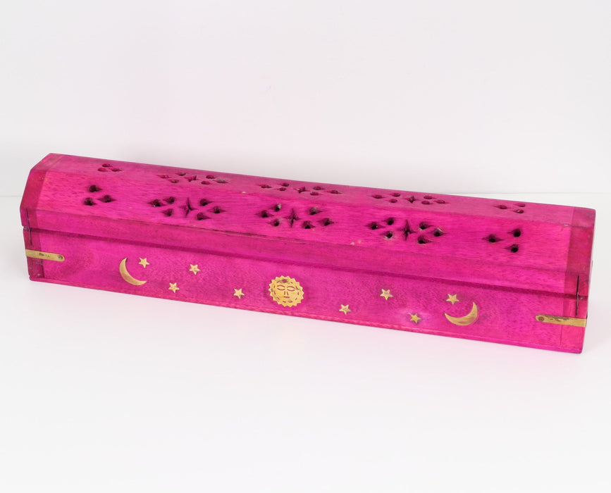 Wood Incense Coffin Box Burner, Celestial  Pink, 12"L- 2 Pieces,