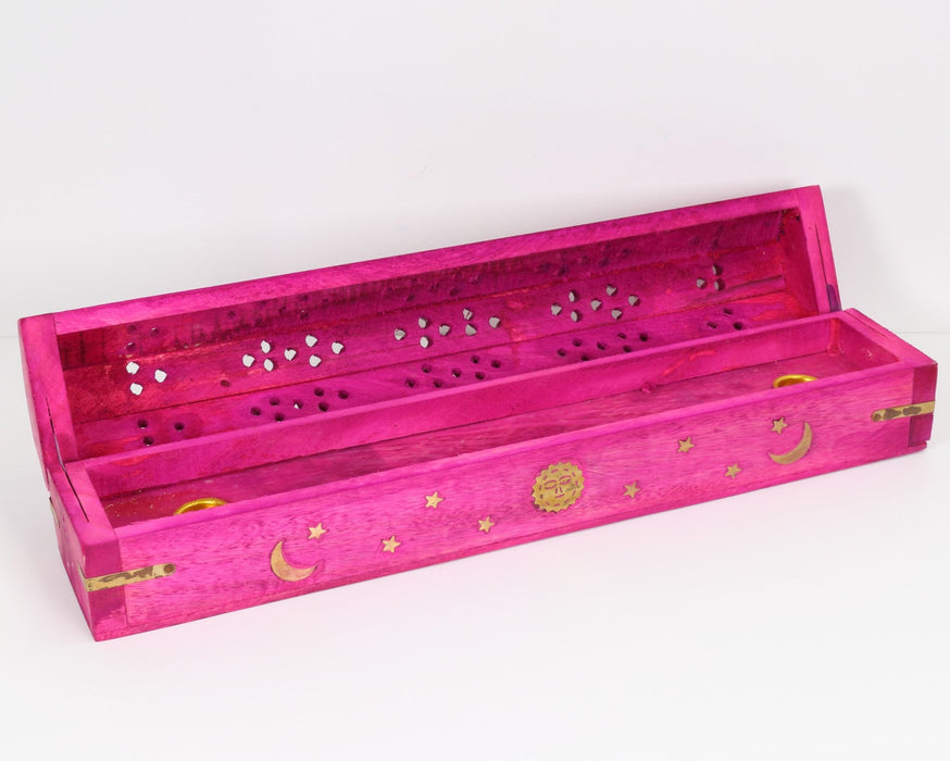 Wood Incense Coffin Box Burner, Celestial  Pink, 12"L- 2 Pieces,