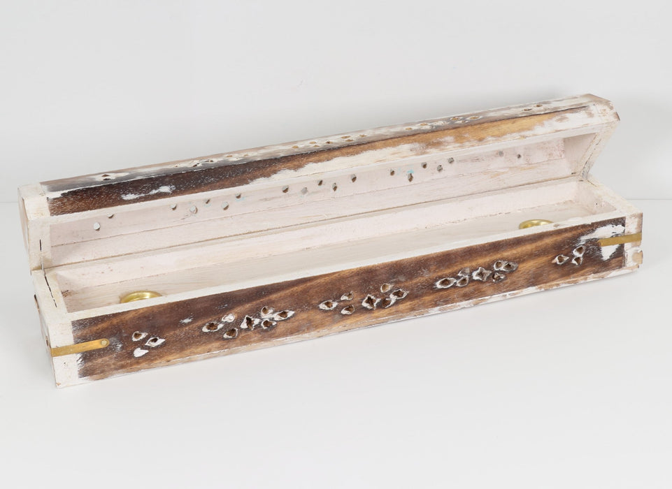 Wood Incense Coffin Box Burner, White Wash, 12"L- 2 Pieces,