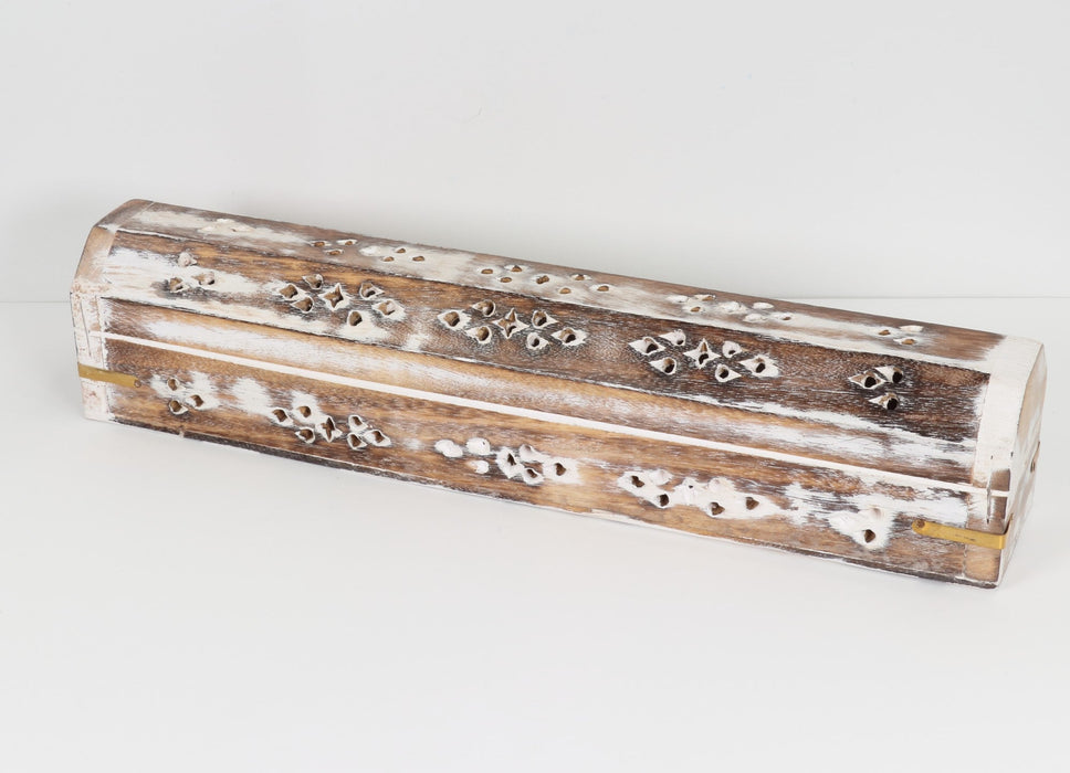 Wood Incense Coffin Box Burner, White Wash, 12"L- 2 Pieces,