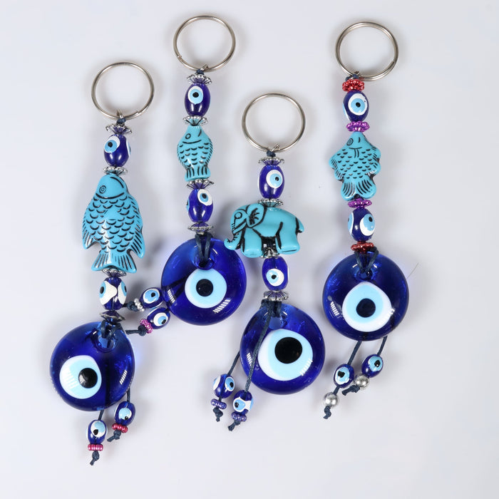 Evil Eye Key Chain with Ceramic Animal Figures, 10 Pieces in a Pack, #001