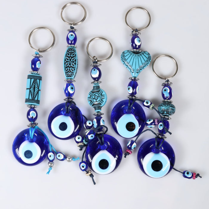 Evil Eye Key Chain with Ceramic Assorted Figures, 10 Pieces in a Pack, #001