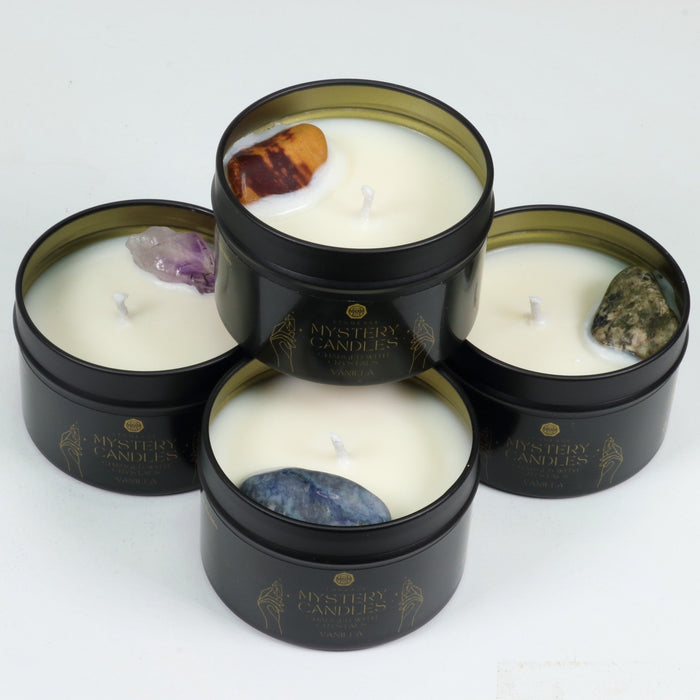 Stoneage Mystery Vanilla Mini Tin Soy Wax Candles, with Natural Gemstones, 10 Pieces in a Pack