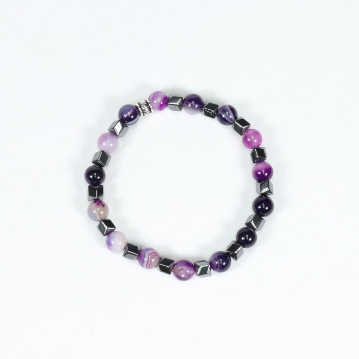 Purple Agate & Hematite Bracelet, Silver Color, 8 mm, 5 Pieces in a Pack #290