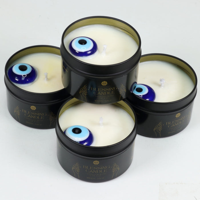 Stoneage Protection White Sage Scented Mini Tin Soy Wax Candles, with Evil Eye, 10 Pieces in a Pack