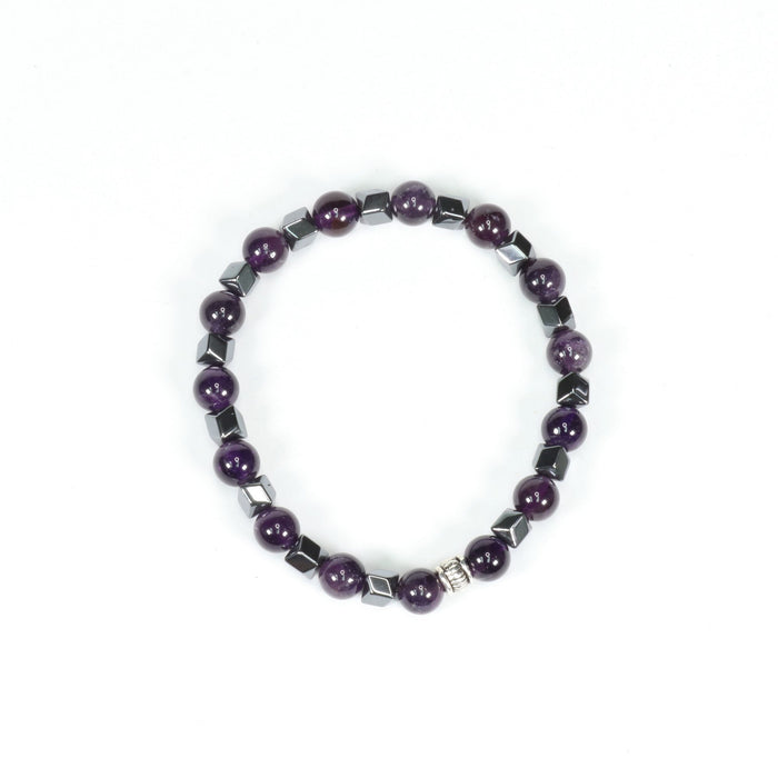 Amethyst & Hematite Bracelet, Silver Color, 8 mm, Mix Pack, 5 Pieces in a Pack #282