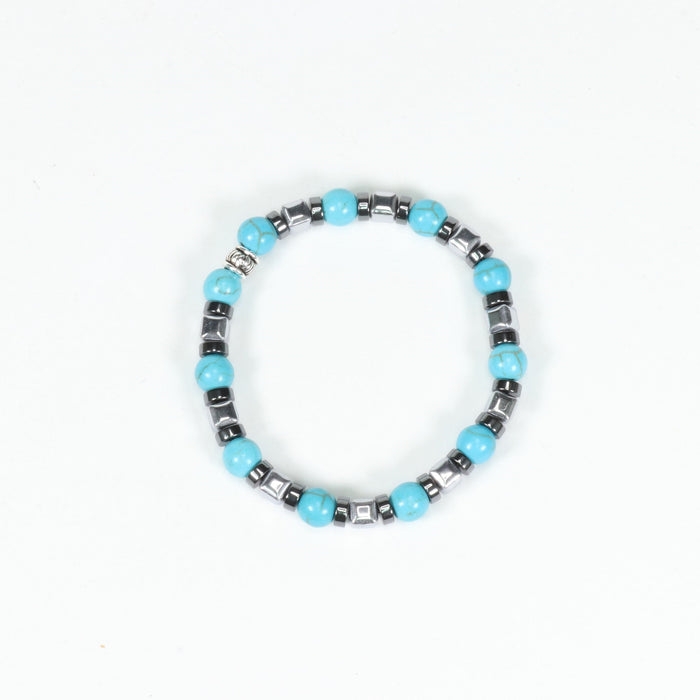 Turquoise & Hematite Bracelet, Silver Color, 8 mm, 5 Pieces in a Pack #258