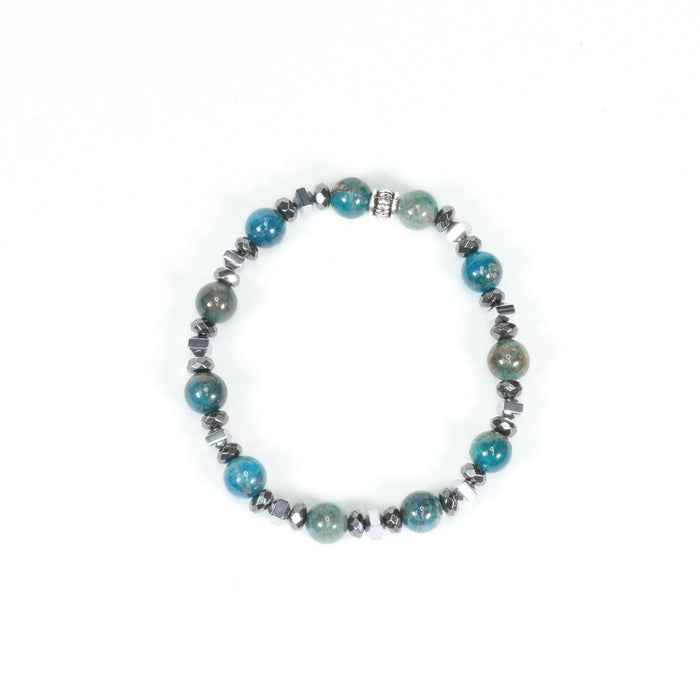 Blue Apatite & Hematite Bracelet, Silver Color, 8mm, 5 Pieces in a Pack #275