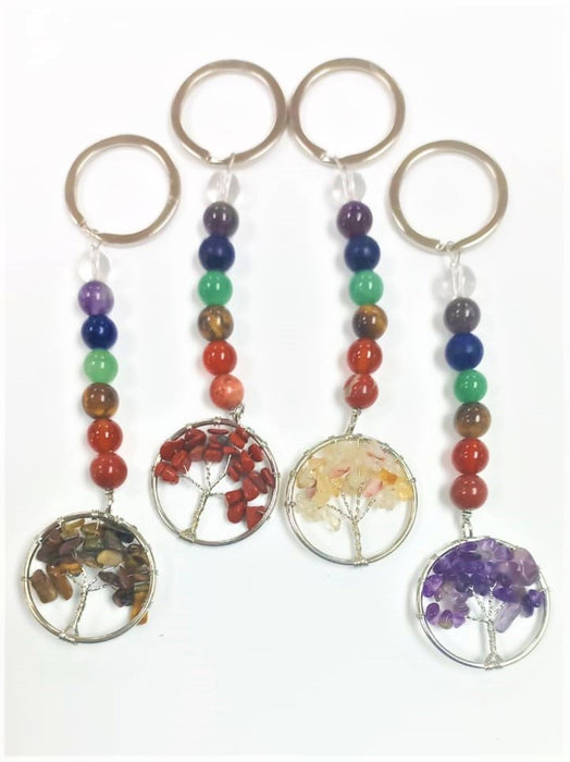 Assorted Stones Tree of Life Chakra Key Chain, 10 Pieces in a Pack, #003
