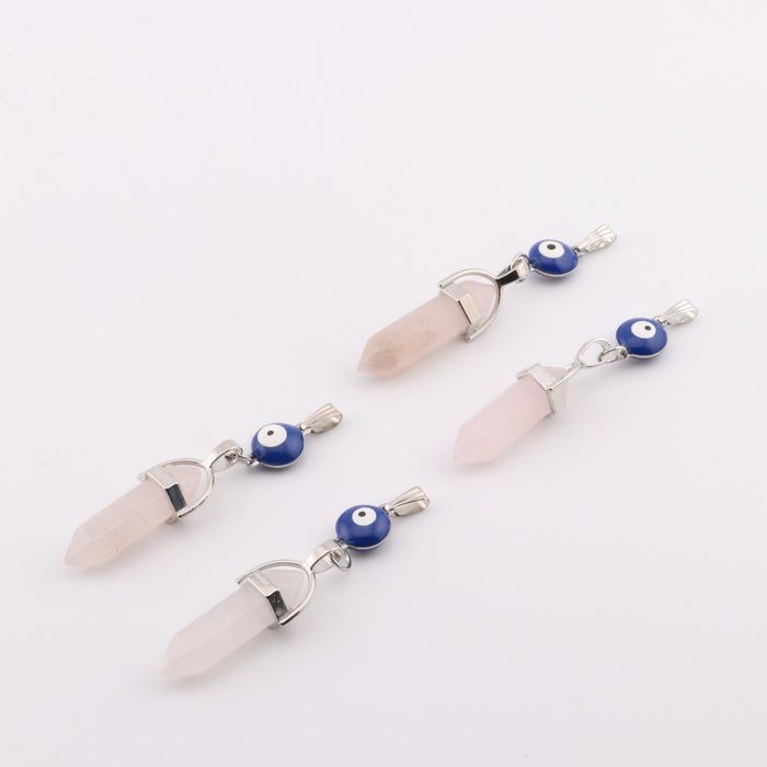 Rose Quartz Point Shape Pendant with Evil Eye, 0.30" x 1.5" Inch, 5 Pieces in a Pack, #099