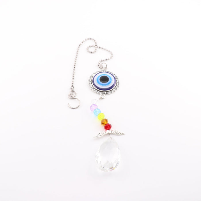 Evil Eye Sun Catcher, with Tear Drop Rhinestone, with Rainbow Color Crystals, Silver Color, 15" Inch, 5 Pieces in a Pack, #004