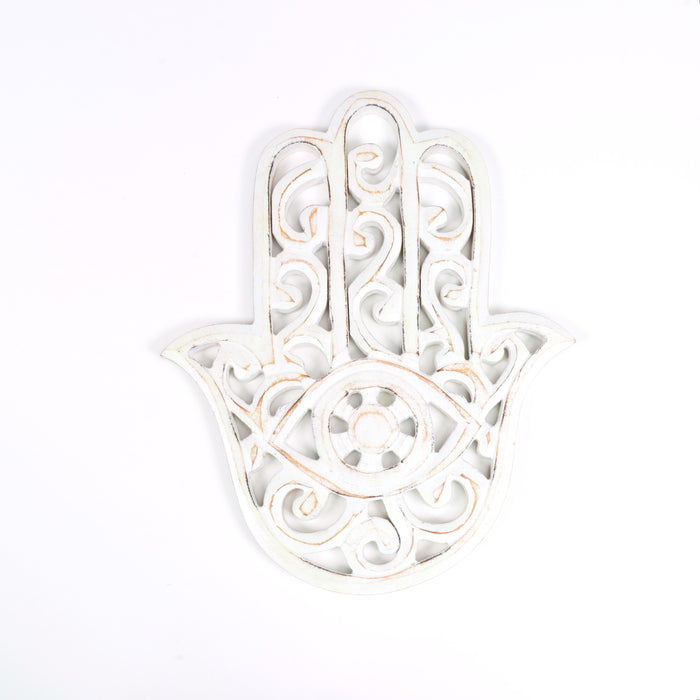 Wood Carved Hamsa Hand Plaque, White,  8" Inch, #012
