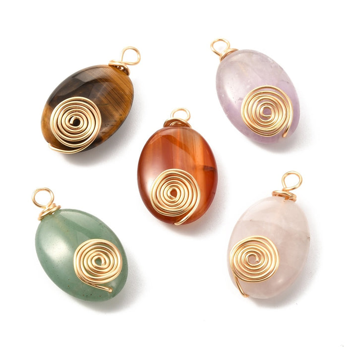 Assorted Stone Wire Wrapped Pendants, 0.71"x1.22" Inch, 18K Gold Plated Findings,5 Pieces in a Pack, #016