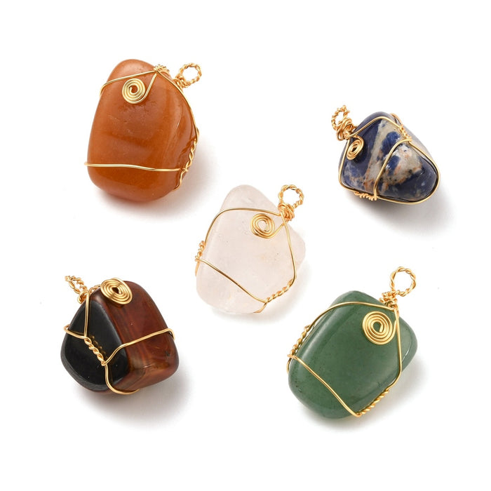 Assorted Stone Wire Wrapped Pendants, 0.6"x1.3" Inch, 5 Pieces in a Pack, #018