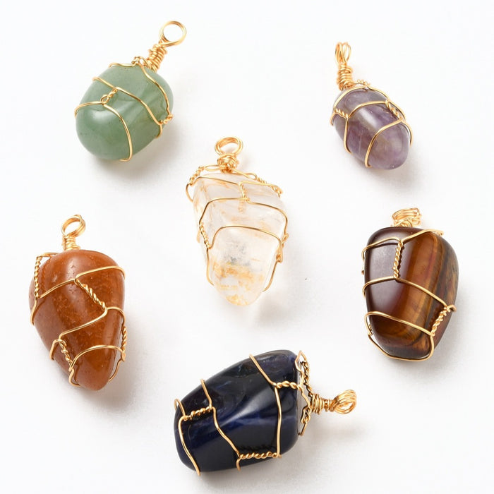 Assorted Stone Wire Wrapped Pendants, 0.9"x1.6" Inch, 5 Pieces in a Pack, #019