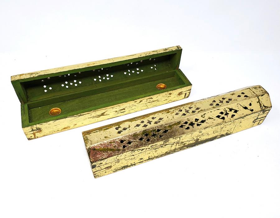 Wood Incense Coffin Box Burner, Rustic Golden - Olive Green, 12"L - 2 Pieces,