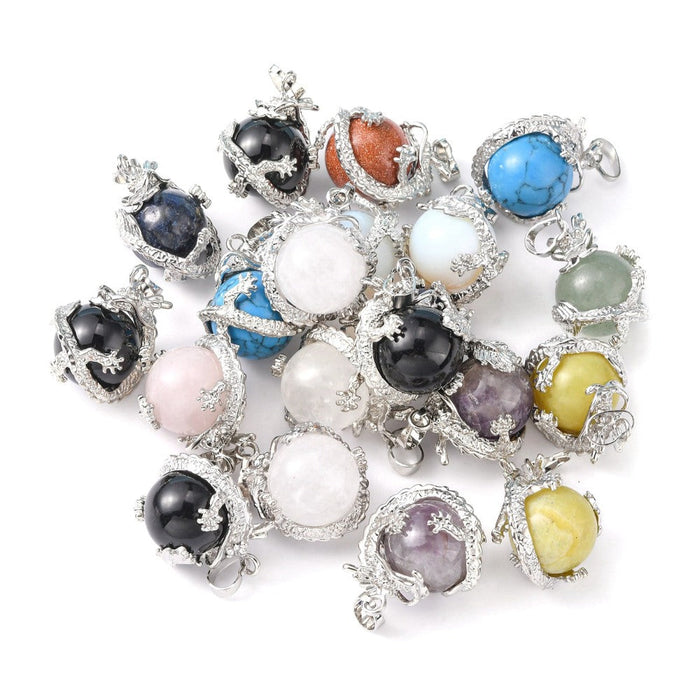 Assorted Stone Dragon with Round Beads Shaped Pendants, 5 Pieces in a Pack, #082