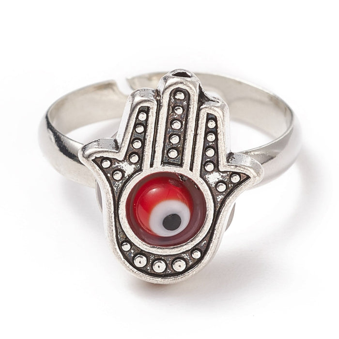 Hamsa Hand with Lampwork Evil Eye Adjustable Ring, Platinum Plated Brass US Size 6.5, Adjustable Size, 10 Pieces in a Pack, #0048